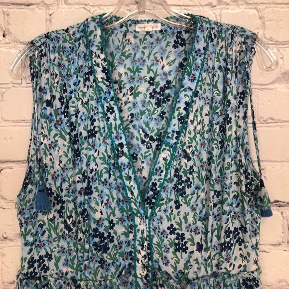Poupette St Barth Ivy Floral Tiered Maxi Dress Size M Sky Blue Daffodil - Picture 2 of 10
